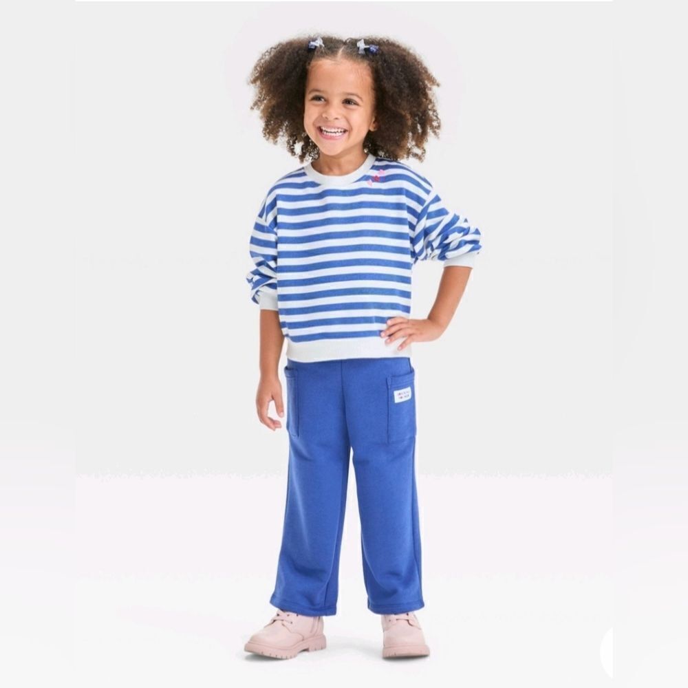 New Girl's "Happy Heart" French Terry Striped Sweatshirt and Wide Pants Set